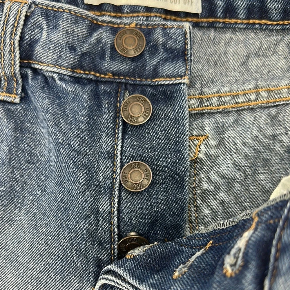 RSQ Blue Denim Distressed Cut-Offs Button Fly Jean Shorts - Picture 3 of 5